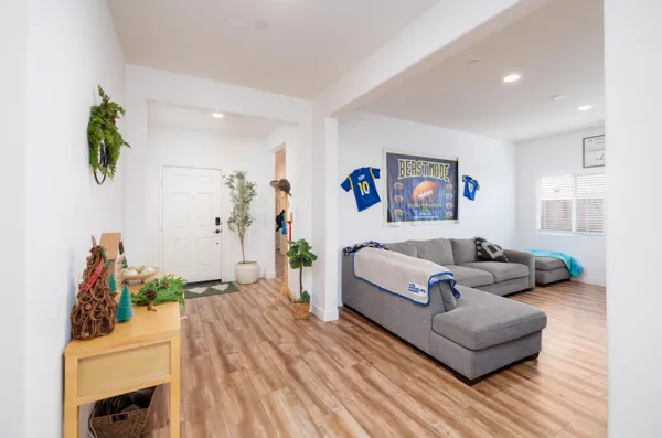 a living room with furniture and a potted plant