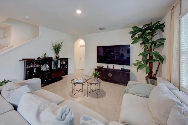 a living room with furniture potted plant and a flat screen tv