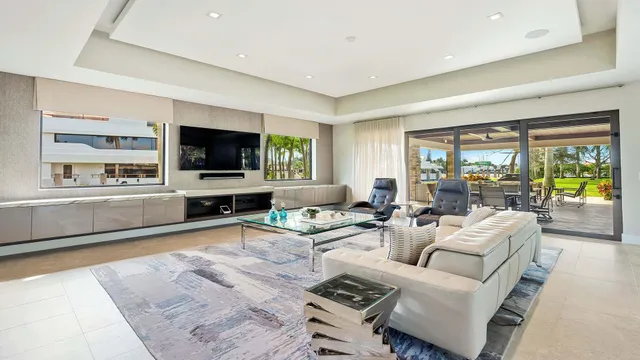 a living room with furniture and a potted plant