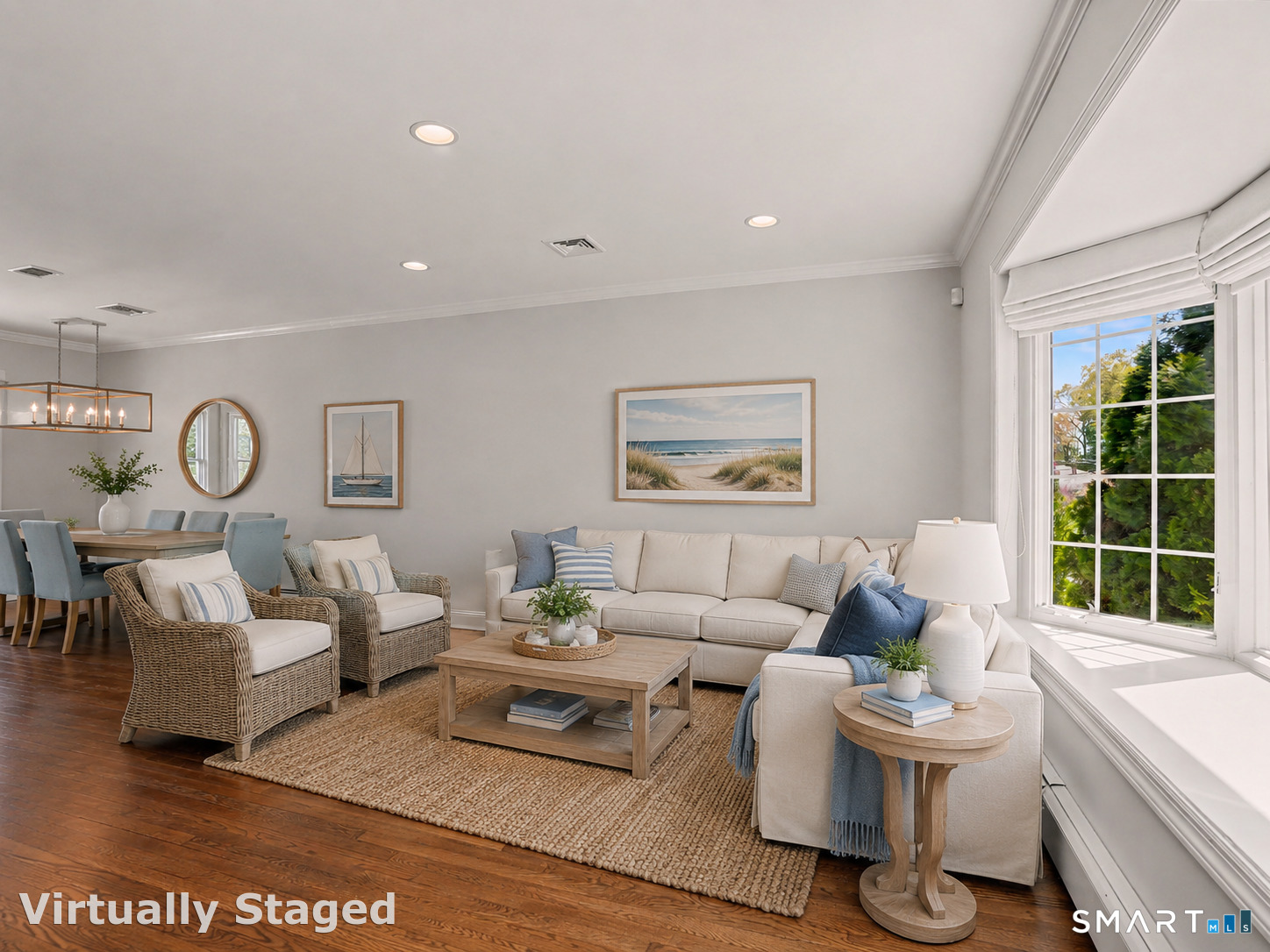 44 Sniffen Road Westport, CT 06880 - Photo 9 of 39 virtually staged Living room with dining room in the rear