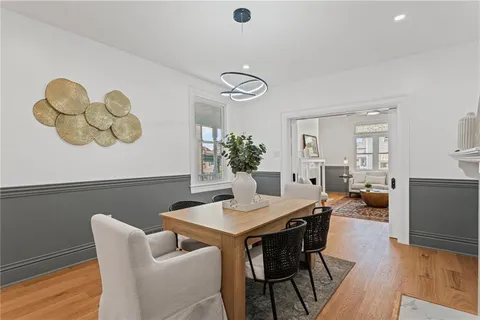 a view of a dining room with furniture