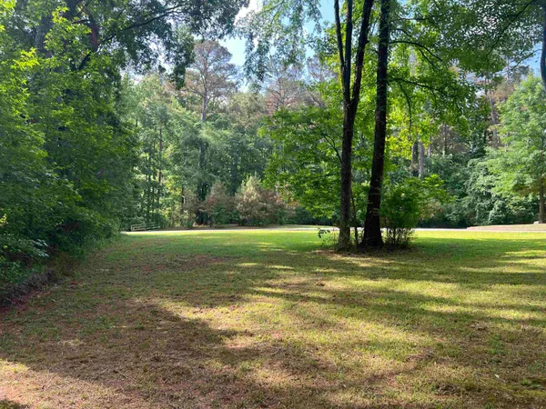 a view of a field with trees in the background