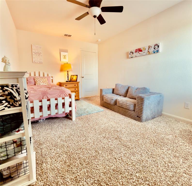 196 Cattlemans Crk Road West Newark, TX 76071 - Photo 12 of 24 Carpeted room featuring a ceiling fan with light fixture, a closed interior door, a dresser, and light-colored walls
