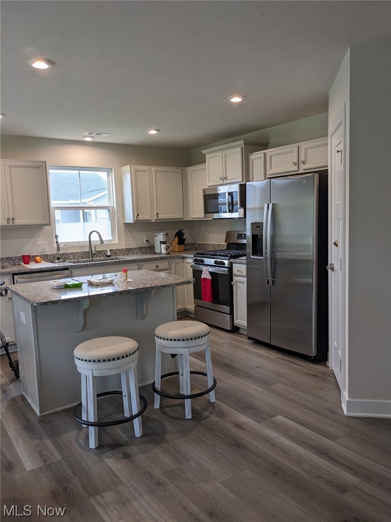 174 West Spring Drive Elyria, OH 44035 - Photo 4 of 19 Kitchen featuring dark hardwood / wood-style flooring, stainless steel appliances, white cabinets, and a kitchen island