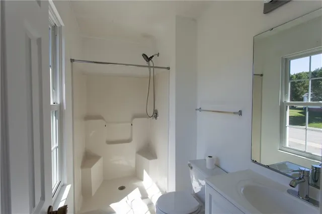 a bathroom with a sink a toilet and shower