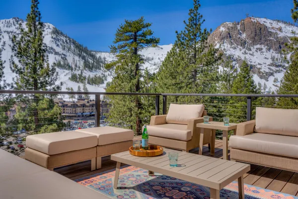 a balcony with furniture and a potted plant