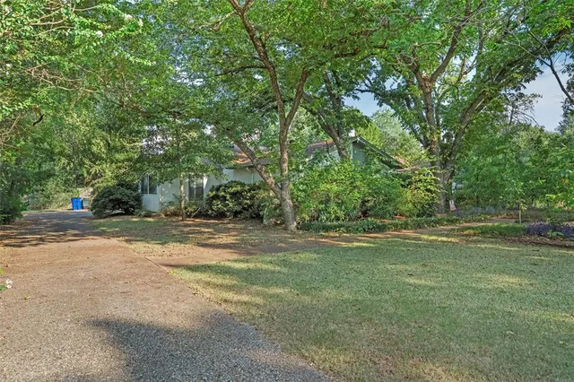 a view of a field with trees in the background