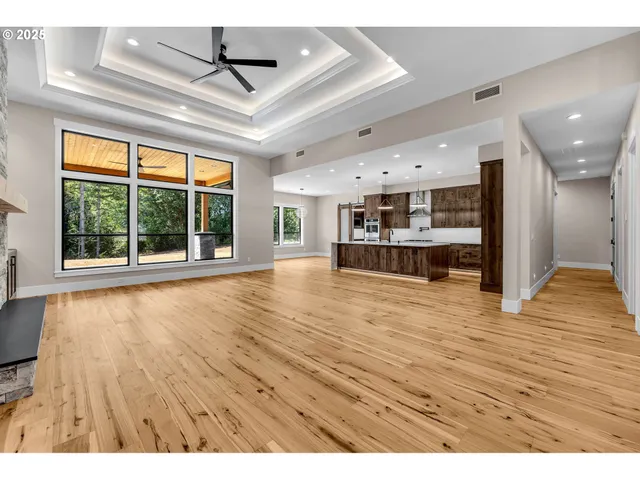 a view of empty room with wooden floor and windows