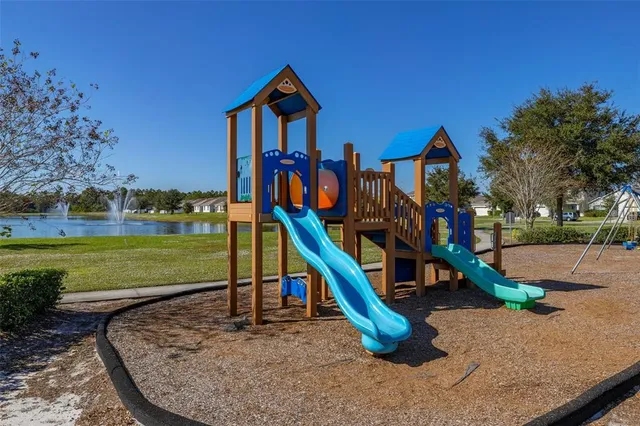 a view of a park with large trees
