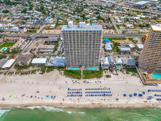 a city view with tall buildings