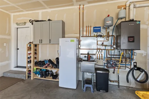 a view of a garage with a tv