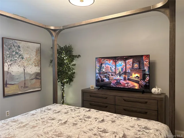 a bed room with a bed and a television