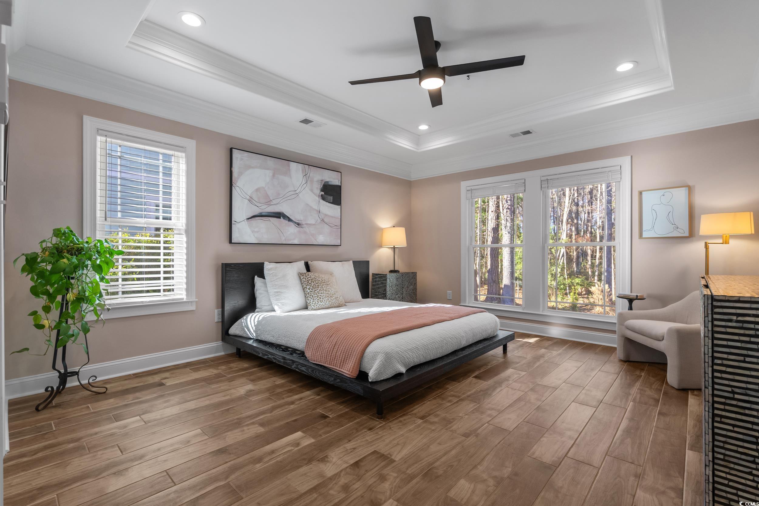 3021 Moss Bridge Lane Myrtle Beach, SC 29579 - Photo 19 of 40 Bedroom with crown molding, wood finished floors, a ceiling fan, and recessed lighting