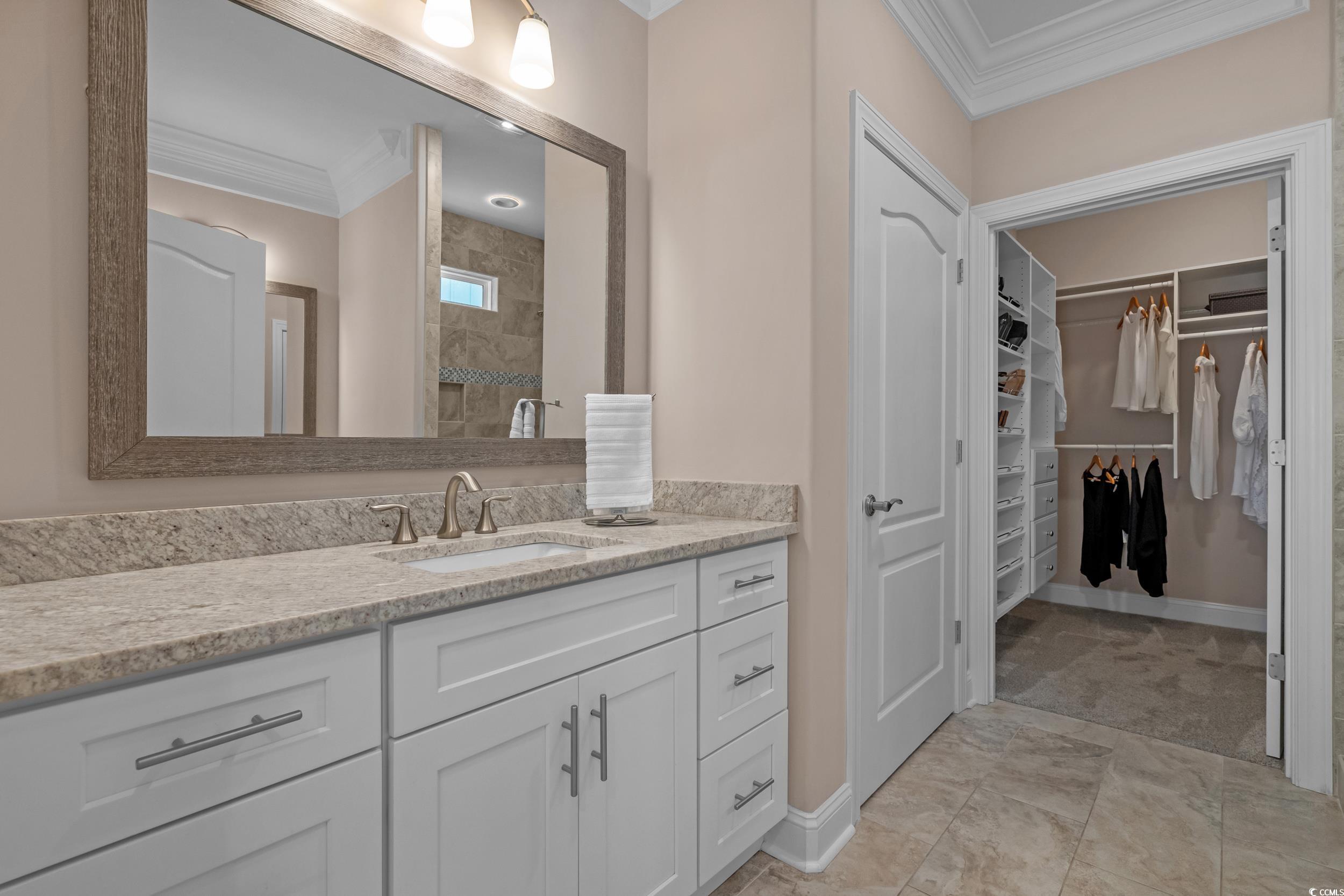 3021 Moss Bridge Lane Myrtle Beach, SC 29579 - Photo 22 of 40 Bathroom featuring crown molding, a spacious closet, vanity, and a tile shower