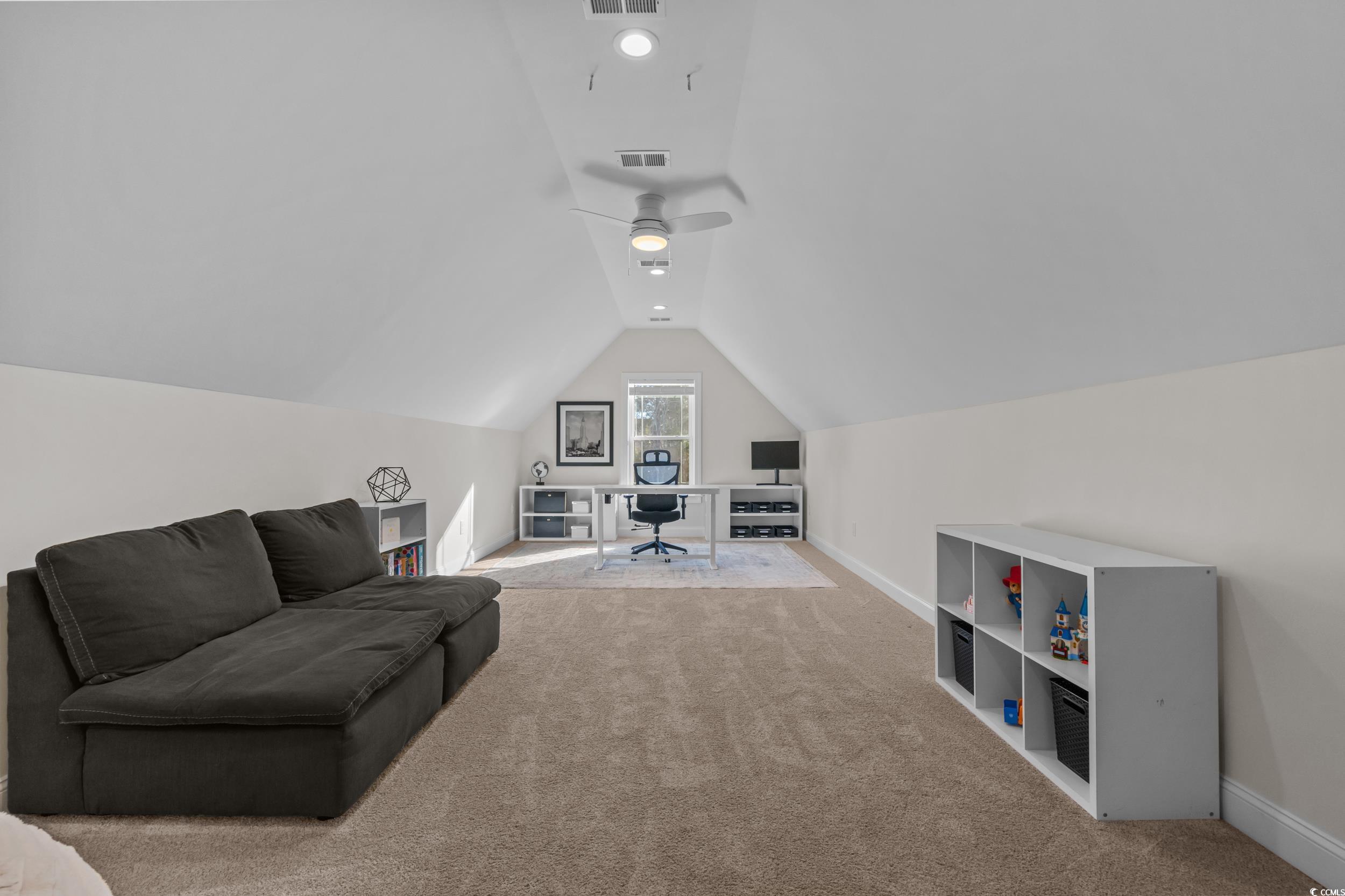 3021 Moss Bridge Lane Myrtle Beach, SC 29579 - Photo 32 of 40 Interior space featuring lofted ceiling, light colored carpet, a desk, and ceiling fan