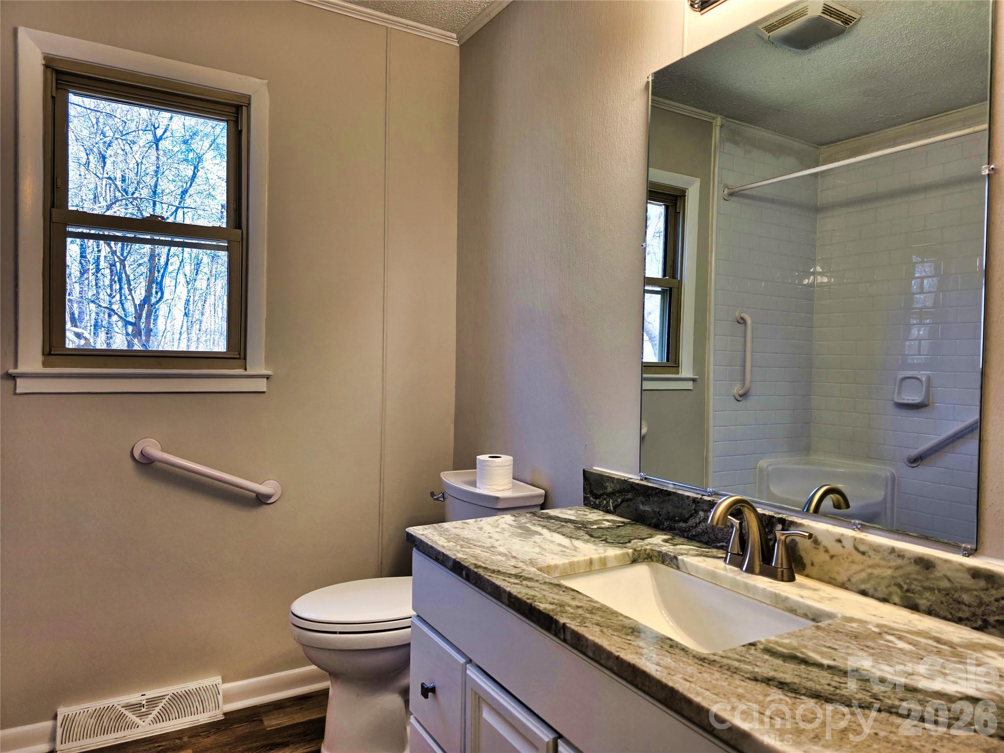 323 Mt Bethel Road Harmony, NC 28634 - Photo 18 of 25 a bathroom with a granite countertop sink a mirror and a toilet