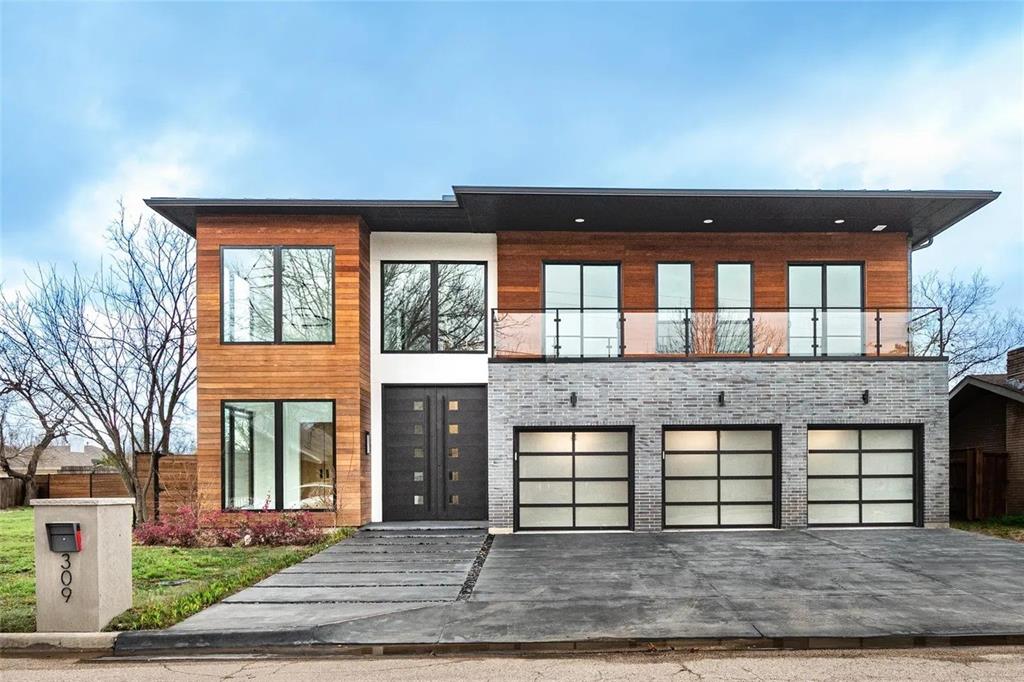 309 Kaye Street Coppell, TX 75019 - Photo 6 of 36 Contemporary exterior showcasing wood paneling, light gray brick, and large black-framed windows
