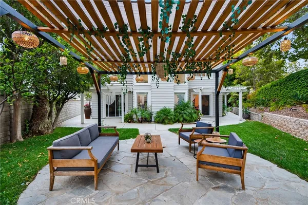 a backyard of a house with outdoor seating