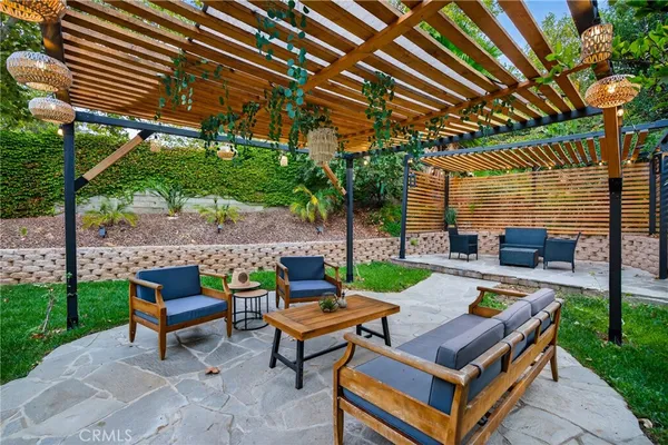 a view of a backyard with sitting area