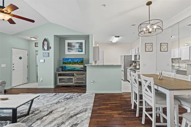 a view of a dining room with furniture