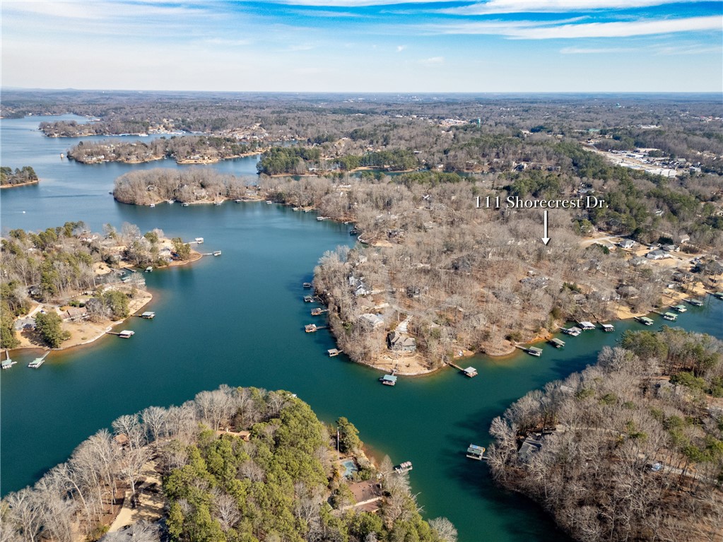 111 Shorecrest Drive Seneca, SC 29672 - Photo 35 of 35 This elevated view captures the extensive waterfront property with its private docks and surrounding natural beauty.