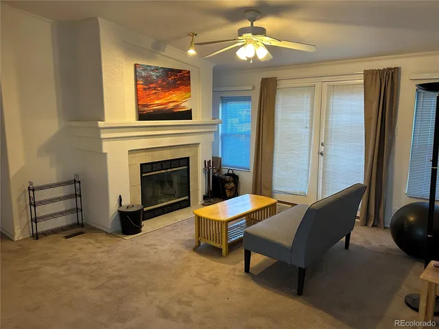 a living room with furniture and a fireplace