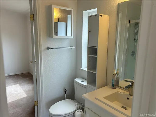 a bathroom with a sink toilet and mirror