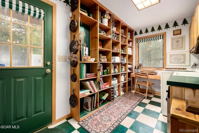 a view of a balcony with wooden floor