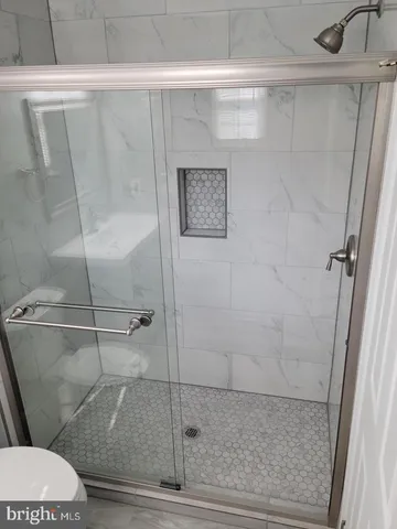 a bathroom with a shower and toilet