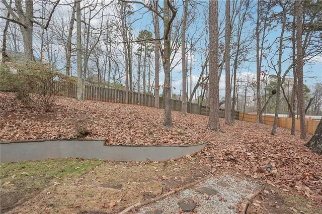 a view of a yard with large trees