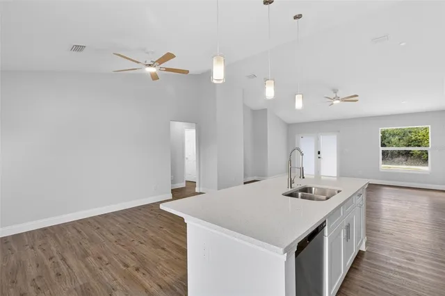 a kitchen with a sink cabinets and wooden floor