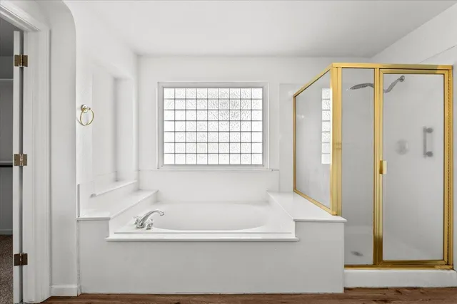 a bathroom with shower and a bathtub