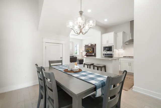 a view of a dining room with furniture