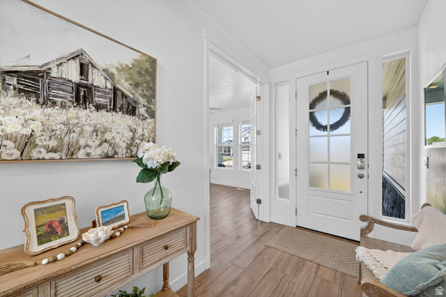 1165 West Union Bench Drive Mapleton, UT 84664 - Photo 6 of 61 Entryway featuring a solid core door with frosted glass panels, a full-length sidelight, and wood-finish flooring