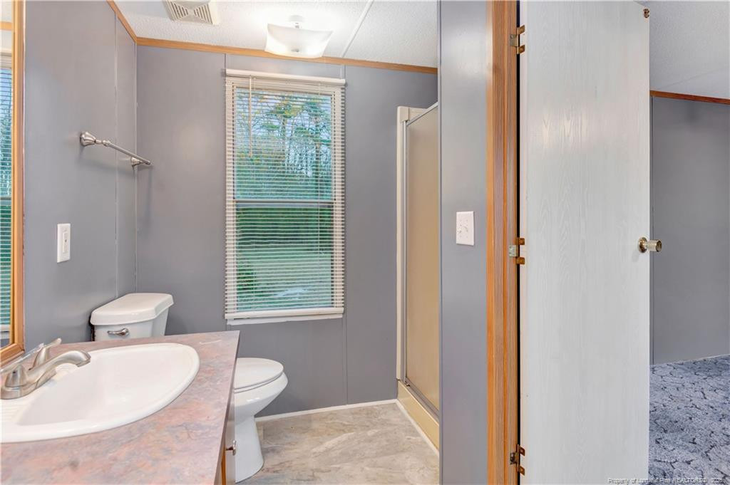 6459 Wire Grass Road Orrum, NC 28369 - Photo 12 of 22 a bathroom with a toilet a sink and a mirror