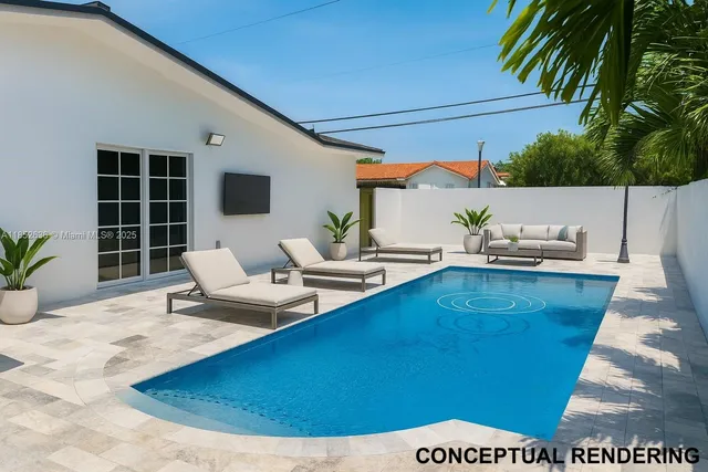 a view of a patio with swimming pool