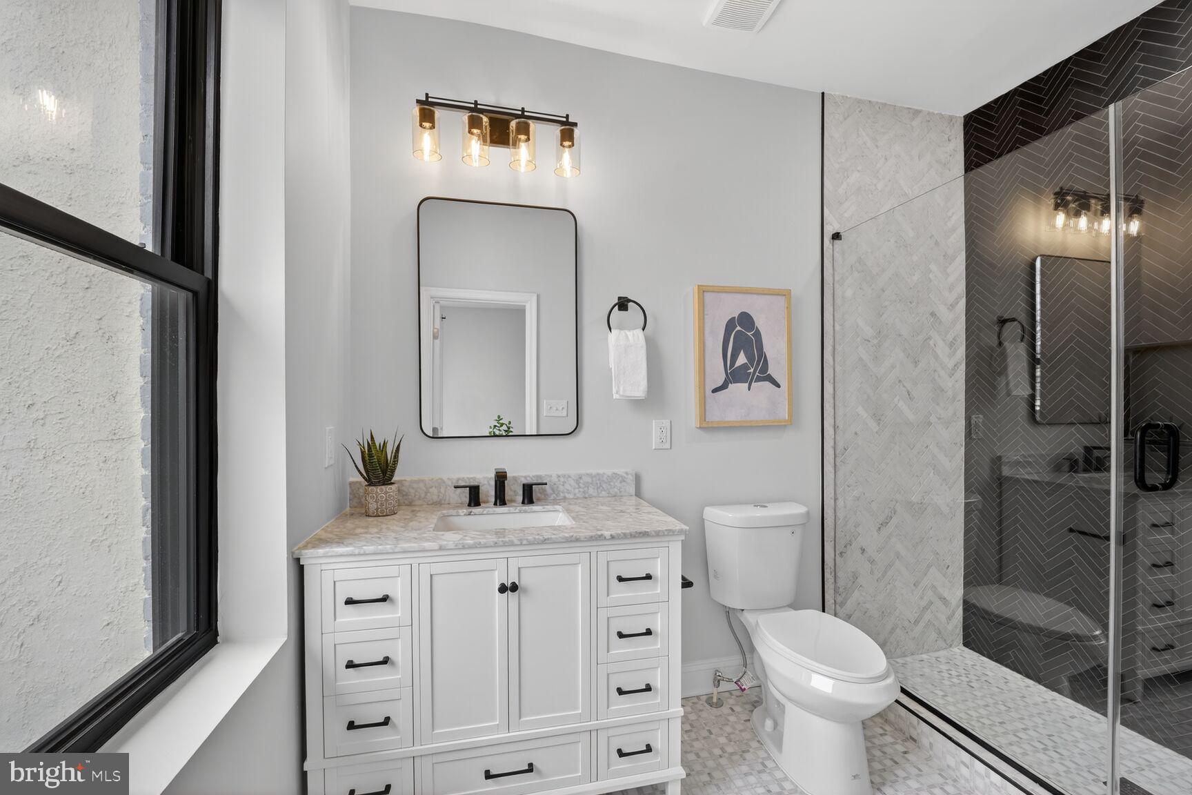 4017 14th Street Northwest Washington, DC 20011 - Photo 11 of 25 a bathroom with a toilet a sink a vanity and mirror