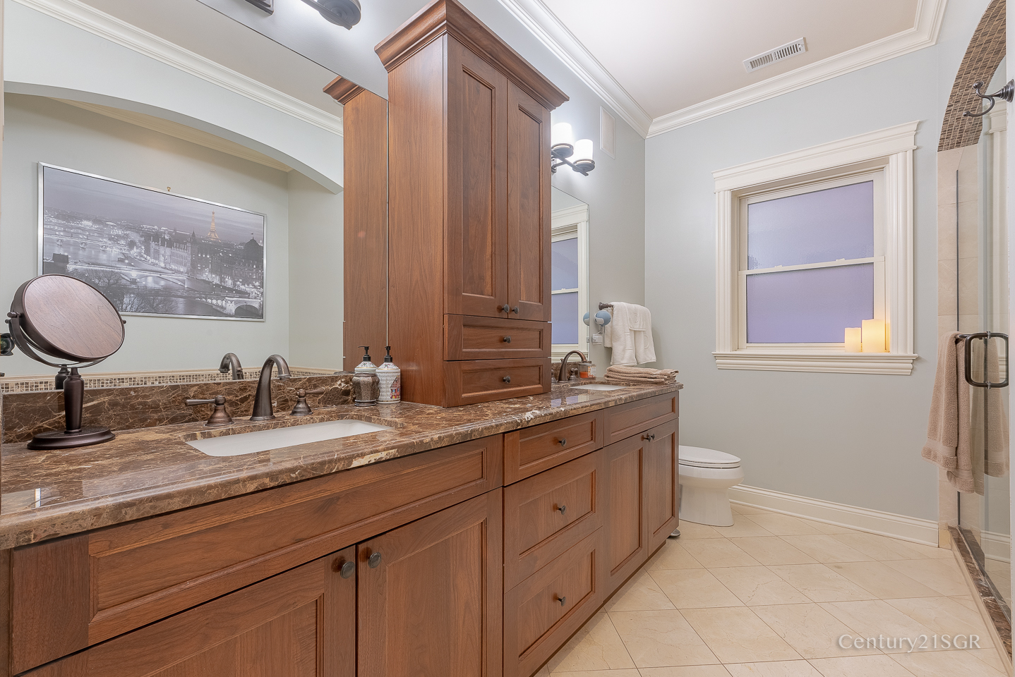 106 South Sangamon Street, Unit 2S Chicago, IL 60607 - Photo 19 of 29 a bathroom with a granite countertop sink and a mirror