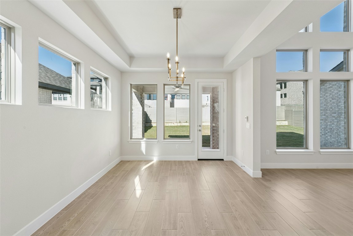 1528 Rodeo Ridge Drive Georgetown, TX 78628 - Photo 6 of 28 Unfurnished dining area featuring a chandelier, light wood-style floors, plenty of natural light, and a raised ceiling