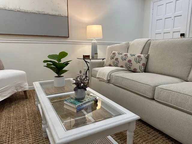 a living room with furniture and a potted plant