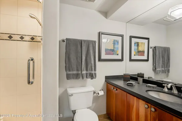 a bathroom with a sink toilet and shower