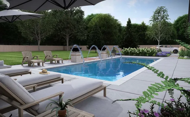 a view of an outdoor dining space with a table and chairs