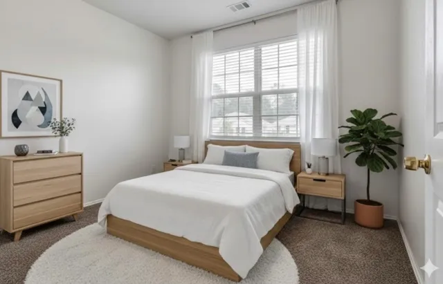 a bedroom with a bed and a potted plant