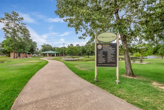 a view of a park with large trees