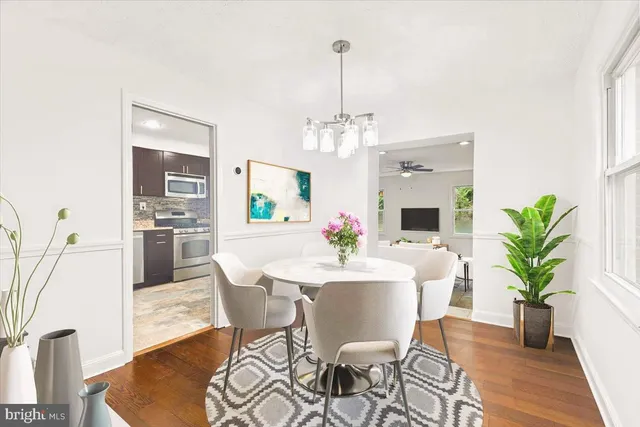 a view of a dining room with furniture and wooden floor