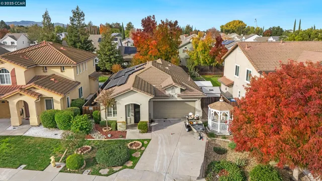 a aerial view of a house with a yard and potted plants