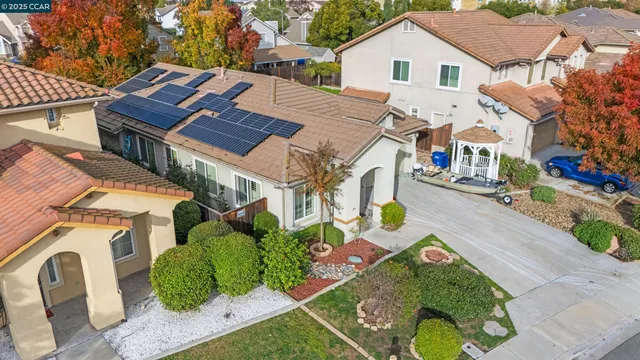 a aerial view of a house with a yard and potted plants