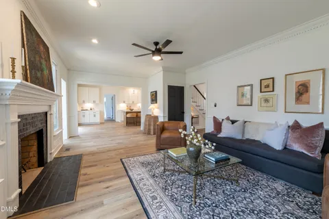 a living room with furniture and a potted plant