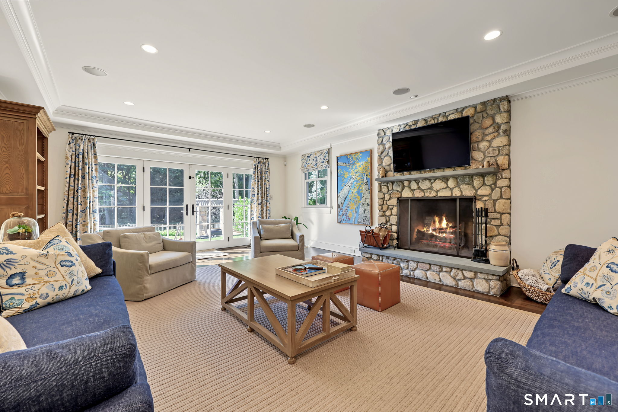 149 Dudley Road Wilton, CT 06897 - Photo 11 of 40 Family Room with Doors to Patio and Pool, Gazebo and Spa