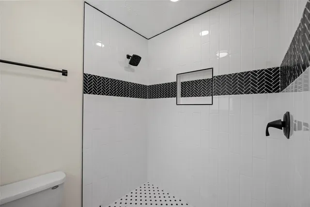 a bathroom with a shower and a toilet